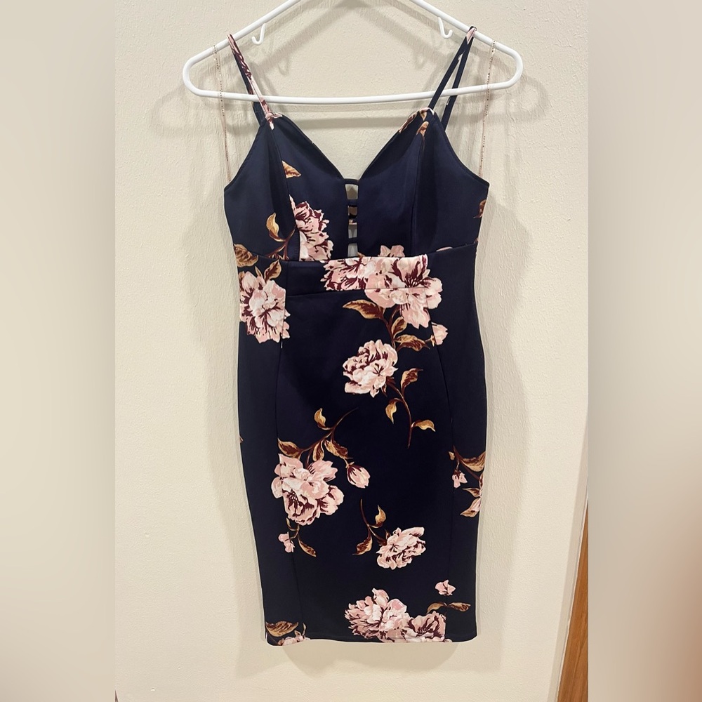 Haute Monde Navy Floral Bodycon Mini Dress - Size Medium